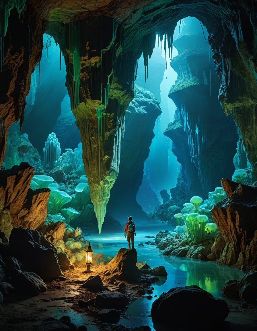 A mesmerizing underground cavern filled with glistening stalactites and stalagmites, showcasing vibrant hues of blue and green bioluminescence. In the foreground, an explorer with a lantern illuminates the peculiar shapes of rock formations and hidden crevices, while ethereal mist swirls around. The scene captures the extraordinary beauty of nature's hidden voids, inviting the viewer on a journey of discovery. super-realistic. vibrant colors. mystical atmosphere.