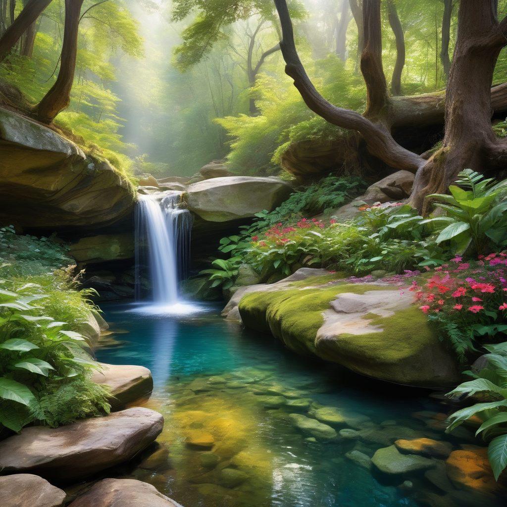 An enchanting forest hollow illuminated by soft, dappled sunlight, showcasing vivid flowers and unique rock formations. Include a serene waterfall cascading into a crystal-clear pool and whimsical creatures peeking from behind the lush greenery. A misty atmosphere enhances the mystery and allure of the scene. vibrant colors. super-realistic. 3D.