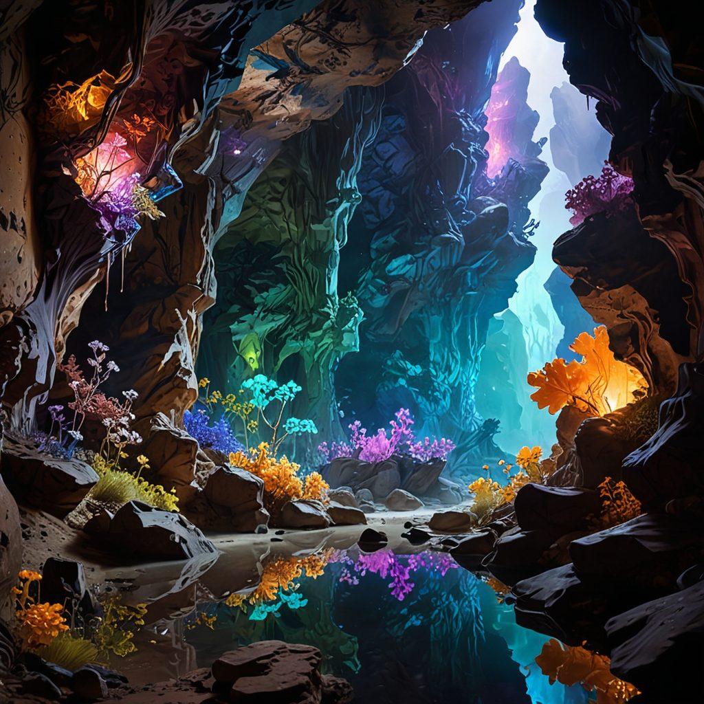 A surreal underground landscape showcasing the bizarre beauty of strange hollows, illuminated by ethereal glowing crystals. Unique rock formations twist in unexpected shapes, reflecting a range of vibrant colors. Mystical flora thrives in the shadows, creating an enchanting atmosphere. A lone explorer in whimsical attire marvels at this otherworldly scene. hyper-realistic. vibrant colors. mystical ambiance.